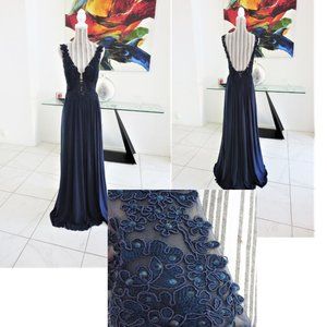 Sherri Hill Navy Blue Lace Overlay Illusion Backless Formal Gown Open Back S 4